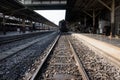 Railway line track. in train station. vintage transportation. way to travel Royalty Free Stock Photo