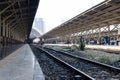 Railway line track. in train station. vintage transportation. way to travel Royalty Free Stock Photo