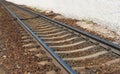 Railway Lines Closeup, Train Tracks with Track Ballast Stones, Metal Rails, Old Railway Track Royalty Free Stock Photo