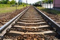 Railway Lines Closeup, Train Tracks with Track Ballast Stones, Metal Rails, Old Railway Track