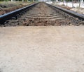 Railway Lines Closeup, Train Tracks with Track Ballast Stones, Metal Rails, Old Railway Track Royalty Free Stock Photo