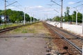 Railway Lines Closeup, Train Tracks with Track Ballast Stones, Metal Rails, Old Railway Track Royalty Free Stock Photo