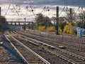 Railway lines disappear into the distance at Preston station in the north of the UK. Overhead power lines are visible