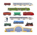 Railway locomotive with various wagons passenger, and cargo.