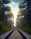 Railway in the morning fog. Forest trees and river along a railroad on an summer afternoon.