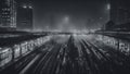 railway in the night black and white A busy train station that is packed with passengers and locomotives in a wet night.