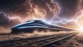 railway in the night lightning space nebula lightning, interstellar lighting dust High speed train traveling in lightning dust Royalty Free Stock Photo