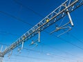 Railway overhead lines on blue sky Royalty Free Stock Photo