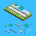 Railway Passenger Train Station and Elements Isometric View. Vector Royalty Free Stock Photo