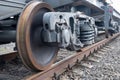 Railway platform wheels on rails for the transportation of high-tonnage cargo. Royalty Free Stock Photo