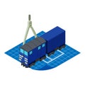 Railway project icon isometric vector. Blue railway locomotive on drawing paper