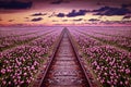 Railway in a purple tulip field Royalty Free Stock Photo