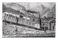 Railway rack Rigi. Locomotive and freight car, vintage engraving Royalty Free Stock Photo