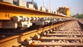 Railway or railroad construction site, railroad track installation machine is in use - Perspective view of Concrete railroad ties Royalty Free Stock Photo