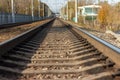 Railway rails close up, going far forward Royalty Free Stock Photo