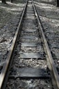 Railway. Rails. Linear perspective. Vertical shot. Wooden sleepers. Line