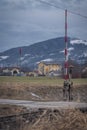 Railway and road crossing near Micheldorf im Oberosterreich in winter morning Royalty Free Stock Photo