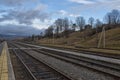 Railway rural station in the mountains. Desert platform of the station. Ukraine. Carpathians. Royalty Free Stock Photo