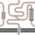 Railway seamless pattern, rail or railroad top view. Train transportation track made of steel and wood, rail wavy or