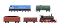 Railway set vehicles and trains. Wagons with passengers, freight, cisterns.