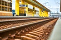 Railway sleepers and rails close-up. Iron bolts and connections