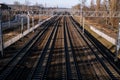 Railway station from above. Reconstructed modern railway infrastructure. The way forward railway for train. Empty