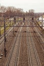 Railway station from above. Reconstructed modern railway infrastructure. The way forward railway for train. Empty