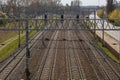 Railway station from above. Reconstructed modern railway infrastructure. The way forward railway for train. Empty