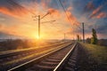 Railway station against beautiful sky at sunset. Industrial land Royalty Free Stock Photo