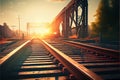 Railway station against beautiful sky at sunset. Industrial landscape with railroad, colorful blue sky with red clouds