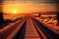 Railway station against beautiful sky at sunset. Industrial landscape with railroad, colorful blue sky with red clouds, sun, trees