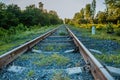 Railway station against beautiful sky at sunset. Industrial landscape with railroad, colorful sky with clouds, sun, trees and Royalty Free Stock Photo