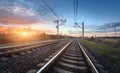 Railway station against beautiful sunny sky. Industrial landscape Royalty Free Stock Photo