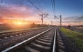 Railway station against beautiful sunny sky. Industrial landscape Royalty Free Stock Photo