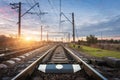 Railway station against beautiful sunny sky. Industrial landscape Royalty Free Stock Photo