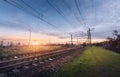 Railway station against beautiful sunny sky. Industrial landscape Royalty Free Stock Photo