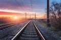 Railway station against beautiful sunny sky. Industrial landscape Royalty Free Stock Photo