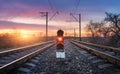 Railway station against beautiful sunny sky. Industrial landscape Royalty Free Stock Photo