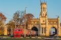 Railway station building facade at autumn sunset. It was built in 1855-1857 yy. Petergof near Saint Petersburg Royalty Free Stock Photo