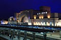 Railway station in Dnipro city with night illumination Dnepropetrovsk, Dnipropetrovsk, Dnepr, Ukraine Royalty Free Stock Photo