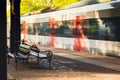 Railway station with empty bench. The way forward railway for train. Empty Railway track for locomotive. Transportation Royalty Free Stock Photo