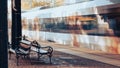 Railway station with empty bench. The way forward railway for train. Empty Railway track for locomotive. Transportation Royalty Free Stock Photo