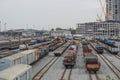 Railway station. Freight old cars and tanks on the railway. Train at the station. Rail transport.