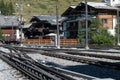 Railway station with lots of tracks in Zermatt, Switzerland.