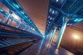 Railway station at night. Train platform in fog. Railroad Royalty Free Stock Photo