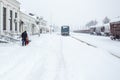 Railway station platform during heavy snowfall. Railway station in winter during snowfall Royalty Free Stock Photo