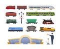 Railway station set. Express passenger cargo train wagon. Modern and retro railroad transportation