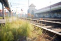 railway station with tracks overgrown with weeds Royalty Free Stock Photo