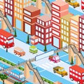 Railway station with train and people isometric 3d illustration street downtown