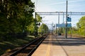 Railway station. The way forward railway for train. Empty Railway track for locomotive. Transportation system Nature Royalty Free Stock Photo